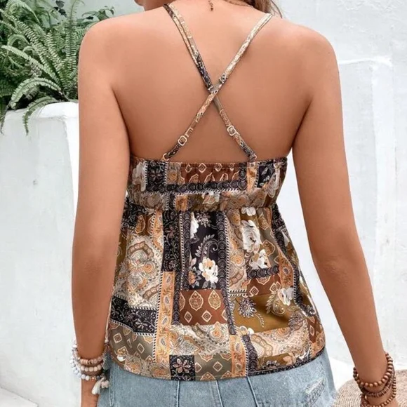 011 Floral Paisley print Plunging Neck Cami Top - Picture 2 of 4
